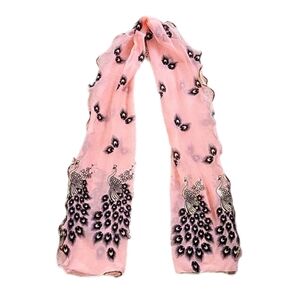 Womens Pink scarf shawl wrap peacock feathers flowers gold accents